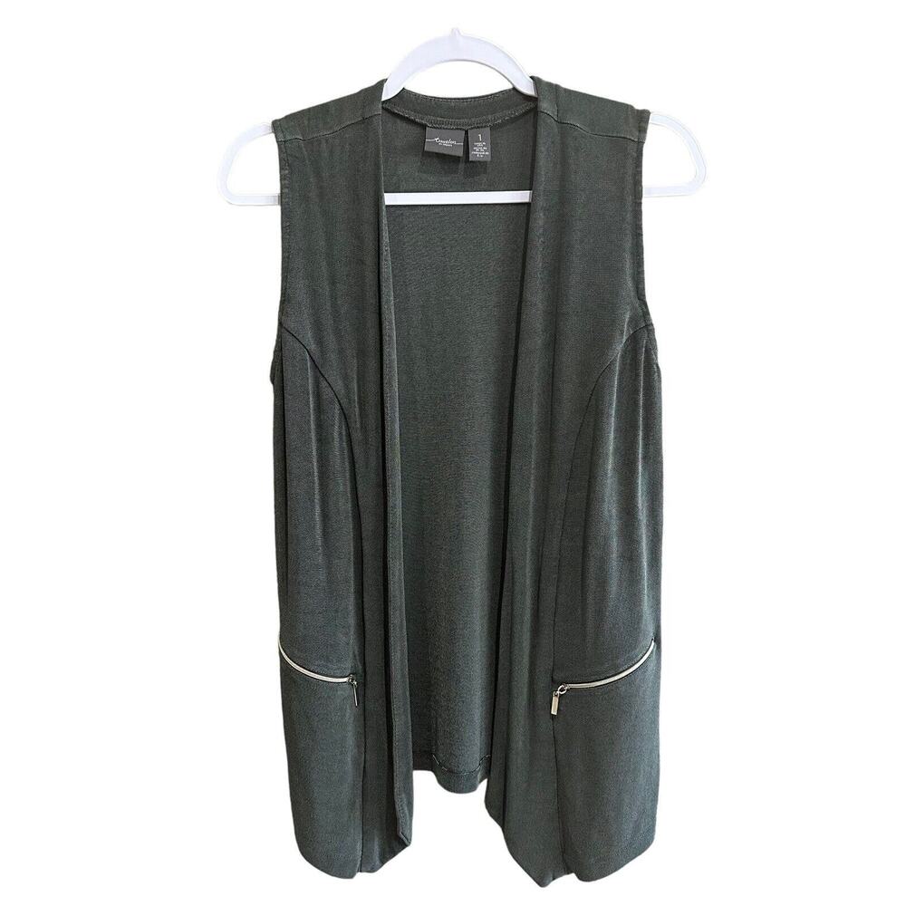 Chicos Travelers Vest Size 1 Green Open Draped Front Zipper Slinky Womens Size 8
